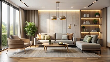 Fototapeta premium Modern living room with sleek furniture, neutral color palette, minimalistic design, natural lighting, cozy ambiance