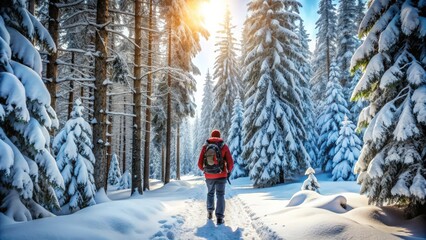 Hiker exploring snowy forest in winter wonderland