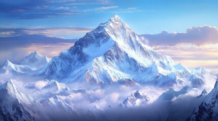 Painting breathtaking snowy mountain peak surrounded by clouds, showcasing nature's stunning beauty and serenity at dawn.