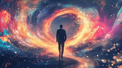
Silhouette of a man in a suit standing before a swirling vortex of colorful abstract patterns and light effects, symbolizing visionary leadership and exploration of the unknown