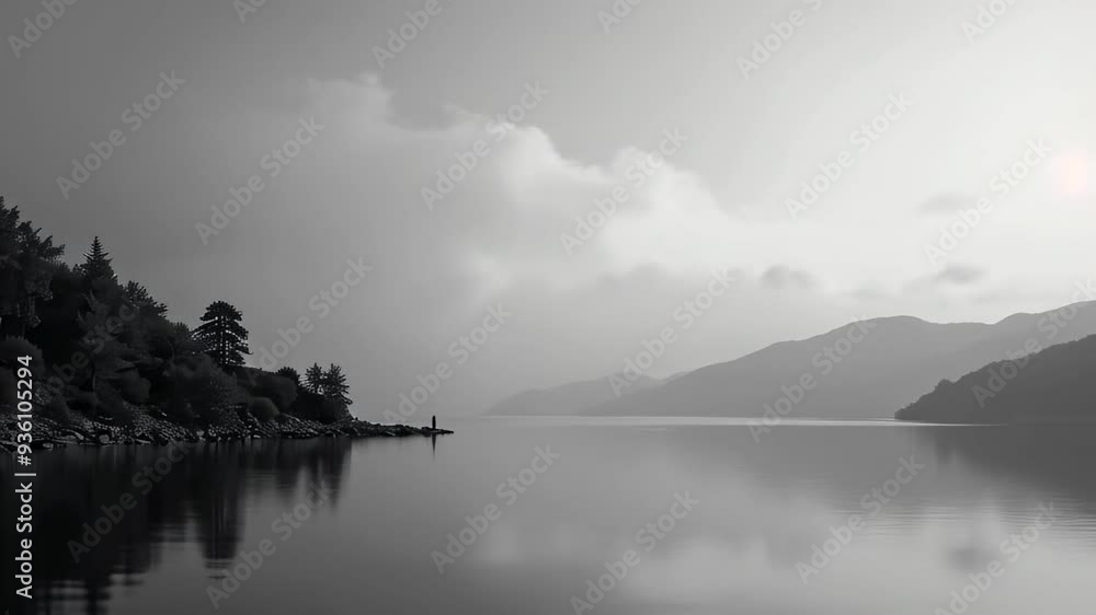 Wall mural serene black and white lake landscape with fog and distant mountains