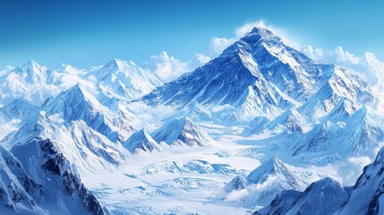 Obraz premium Painting majestic snowy mountain peak under a clear blue sky, showcasing the beauty of nature's rugged terrain and serene landscapes.