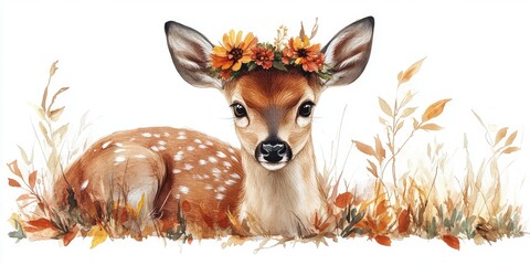 Watercolor painting of a fawn with a flower crown in autumn foliage