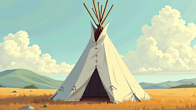 Traditional tipi tent in vast prairie landscape under blue sky with clouds