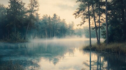 Fototapeta premium Misty Lakeside Sunrise with Pastel Skies and Framing Trees in Impressionist Landscape Style