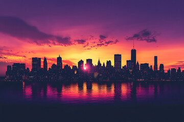 Fototapeta premium A city skyline is reflected in the water at sunset