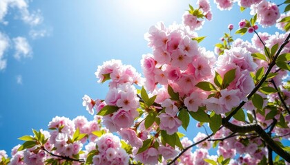 Obraz premium stretch ceiling sky image. tropical sunny sky and white, pink cherry blossoms. green tree leaves. Bottom-up view of the sky and flowers, ai