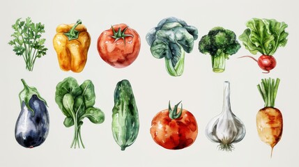 Collection of watercolor fresh herbs and spices on white background