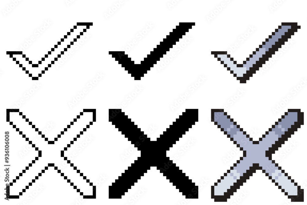 Poster silver right and wrong marks, pixel art styled icon set with variant