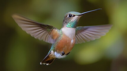 Fototapeta premium A vibrant hummingbird in mid-flight, showcasing its iridescent feathers against a blurred green background, symbolizing nature's beauty.