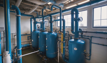 A row of large blue tanks with pipes and gauges inside a factory setting