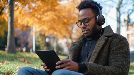 A man relaxes in a park, streaming content on his tablet while sitting on the grass amidst vibrant autumn foliage, feeling the warm sun