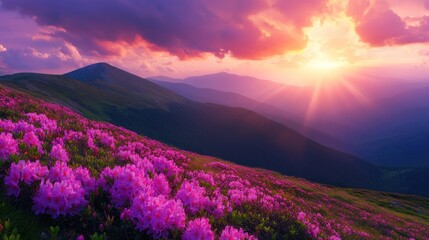 Mountain Sunset with Blooming Rhododendrons