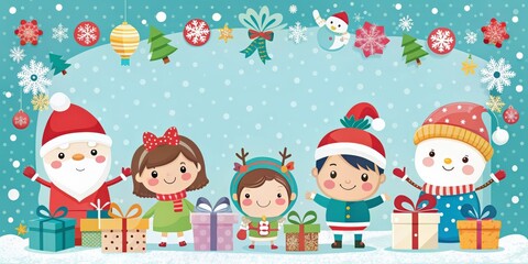 Happy Christmas card with cute characters surrounded by snowflakes and presents