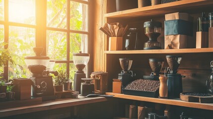 Coffee Shop Interior with Grinder and Beans