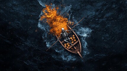 Skeleton crew, sailing through a storm, cursed treasure on deck, Watercolor style