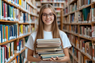 A portrait of a trendy high school girl in her 20s, with glasses, holding a stack of textbooks in a university library or bookshop, studying for exams and working on assignments.

