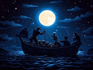 Skeleton pirates, pulling cursed treasure from the sea, moonlit night, Watercolor style