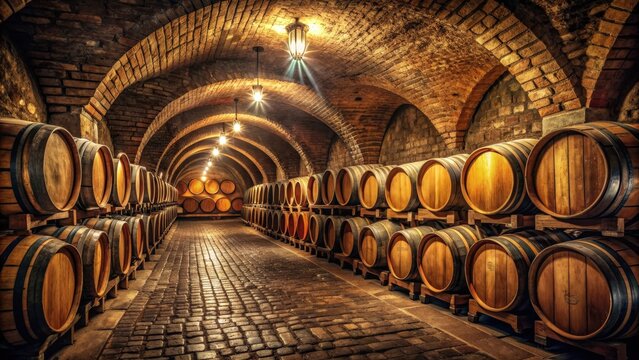A vintage and atmospheric antique wine cellar with old barrels, cobblestone flooring, and dim lighting