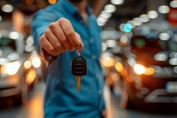 Unrecognizable car dealership sales agent handing buyer the key to the car behind him. Point of view of customer buying a brand new car. Close up.