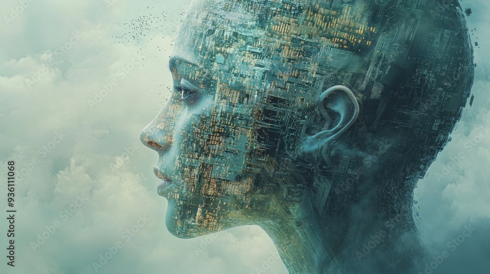 Poster a surreal scene of a human head partially transformed into a digital landscape, featuring the left s