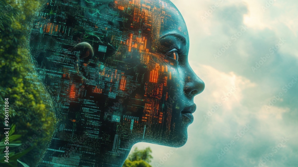 Poster a surreal scene of a human head partially transformed into a digital landscape, featuring the left s