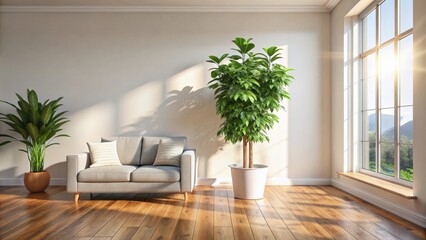 Bright living room with a large houseplant on a wooden floor, creating a cozy and inviting atmosphere