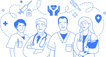 Medical workers one color infographic illustration. Doctor and nurse with icons isolated on white background. Healthcare banner concept. Monochrome line art with editable stroke.