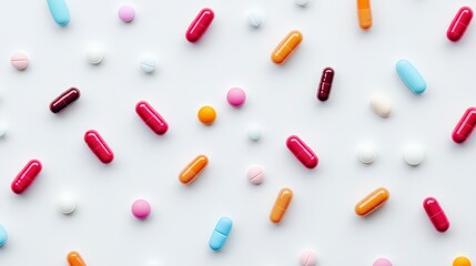 High-resolution top-down view of assorted pharmaceutical capsules on a white background, perfect for medical and healthcare banners or advertisements