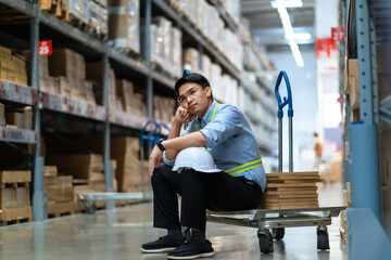 A man in a blue shirt sits on a cart in a warehouse. He is wearing a hard hat and he is deep in thought