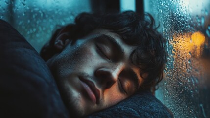 Young man sleeping soundly in front of glass window with rainy weather outside. Virtual reality.