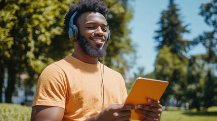 Fototapeta premium A young African American man relaxes in a sunny park, streaming content on a tablet while listening through headphones