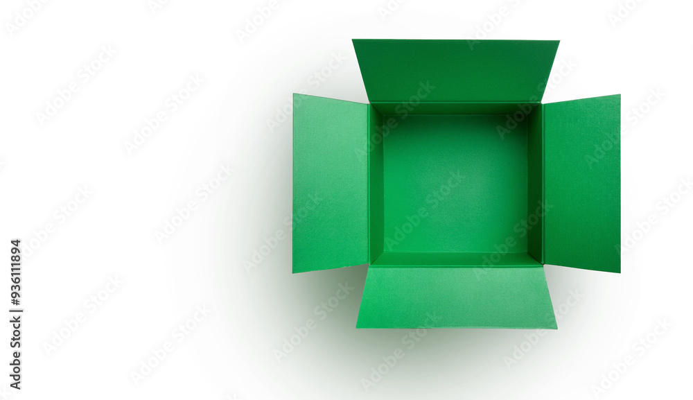 Wall mural green square cardboard box, open and seen from above. isolated on white background.