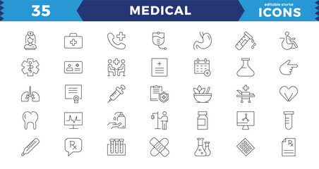 Fototapeta premium Medicine and Health symbols - minimal thin line web icon set. signs and symbols of medicine and pharmacology, hospital, doctor, tests, etc. Emergency, medical equipment, RX, MRI, doctor, lab, icon