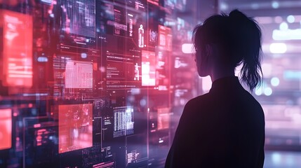 Silhouette of person standing in front of futuristic digital interface with abstract data and code