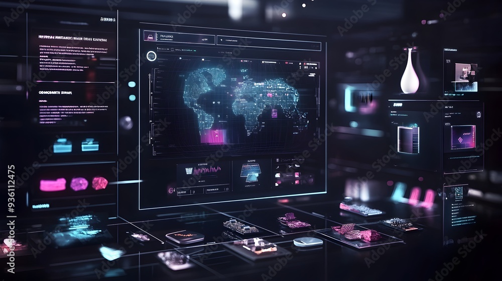 Aufkleber futuristic digital interface with holographic world map and analytics dashboard