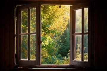 Open window overlooking autumn forest scene