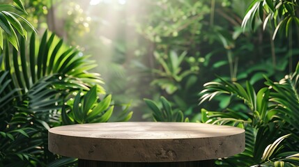 A green botanical podium with leaves, providing a fresh and natural backdrop for product display or presentation.