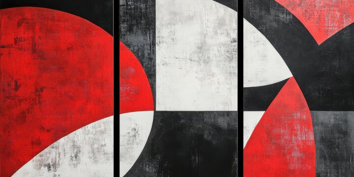Set of 3 wall art panels with abstract geometric shapes in bold red, black, and white on a charcoal grey background, painting, close up, split into three on white background
