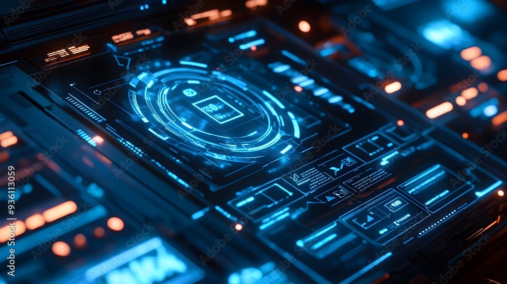 Poster futuristic digital interface with neon holographic display and technology visualization