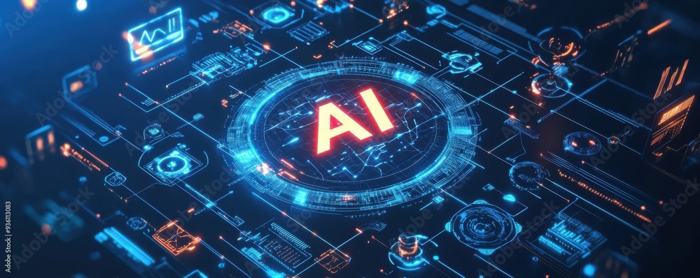 Poster futuristic ai interface surrounded by digital icons symbolizing technology, innovation, and artifici