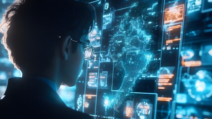 Futuristic Digital Interface with Holographic Data Visualization and Intelligence Concepts