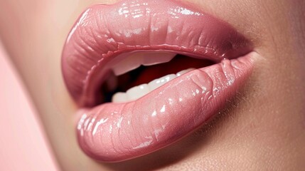 Glistening with a soft sheen, the lips showcase a beautiful pink hue, inviting attention and emphasizing a natural, radiant look perfect for any occasion