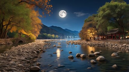 中秋の名月が映える川辺の夜