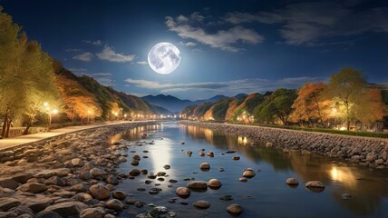 中秋の名月が映える川辺の夜
