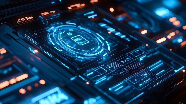 Futuristic Digital Interface with Neon Holographic Display and Technology Visualization - Powered by Adobe