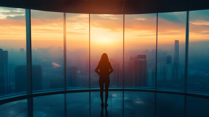 Content Employee Relishing Panoramic Vista from High-Rise Office.