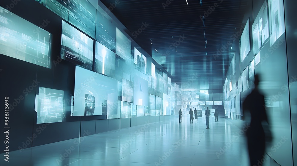 Poster futuristic digital corridor with illuminated screens and abstract visuals