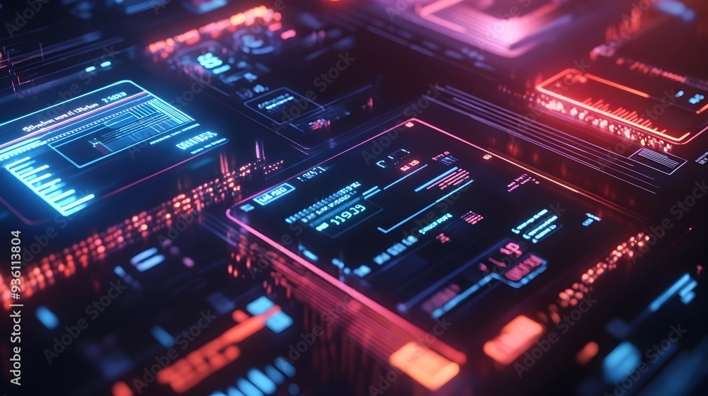 Aufkleber futuristic digital interface console with neon lighting and high tech control panel