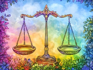 Ornate Zodiac Scale of Justice Symbol in Vibrant Floral Nature Setting